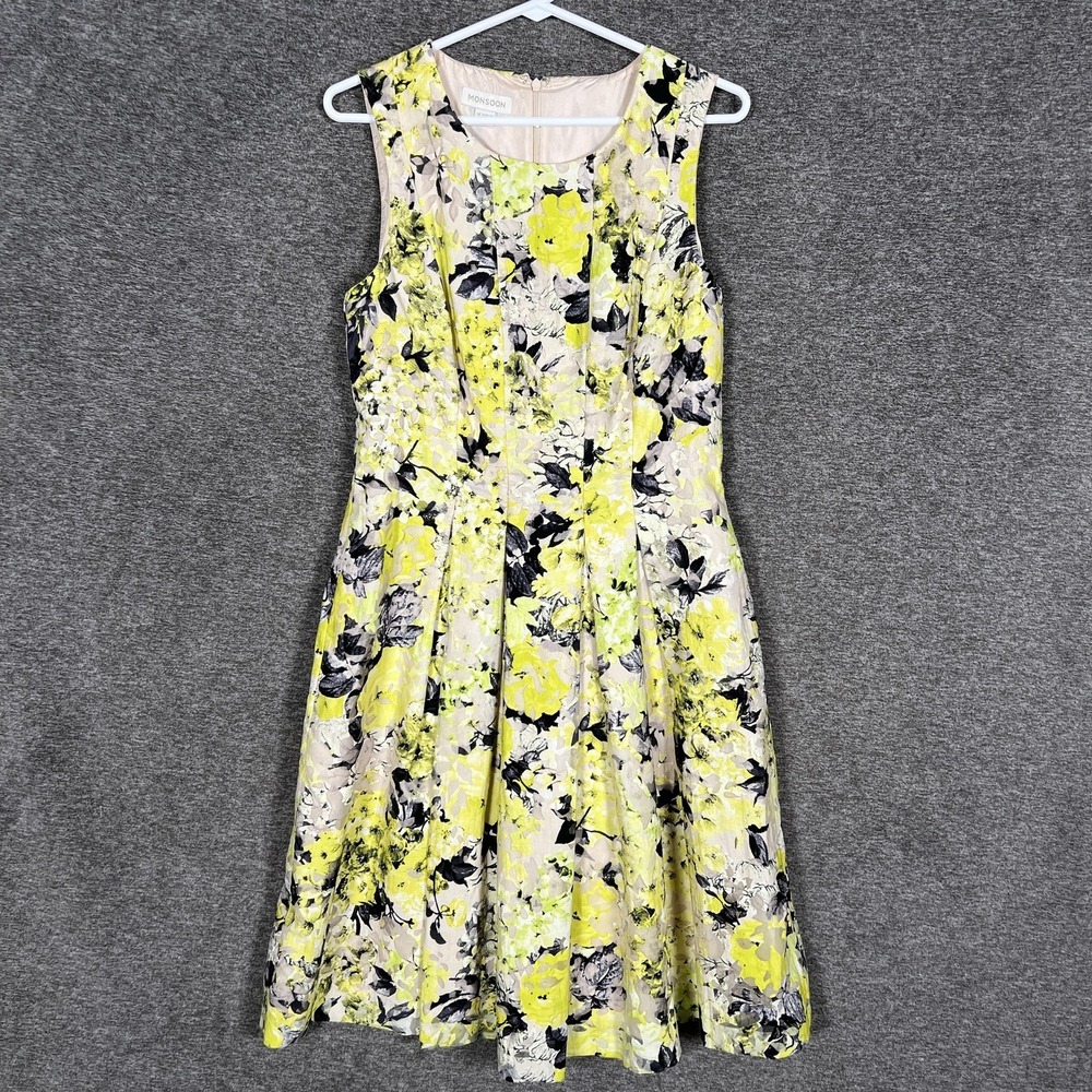 Monsoon Dress Womens 8 Yellow Floral Jacquard Sleeveless Fit & Flare Knee Length